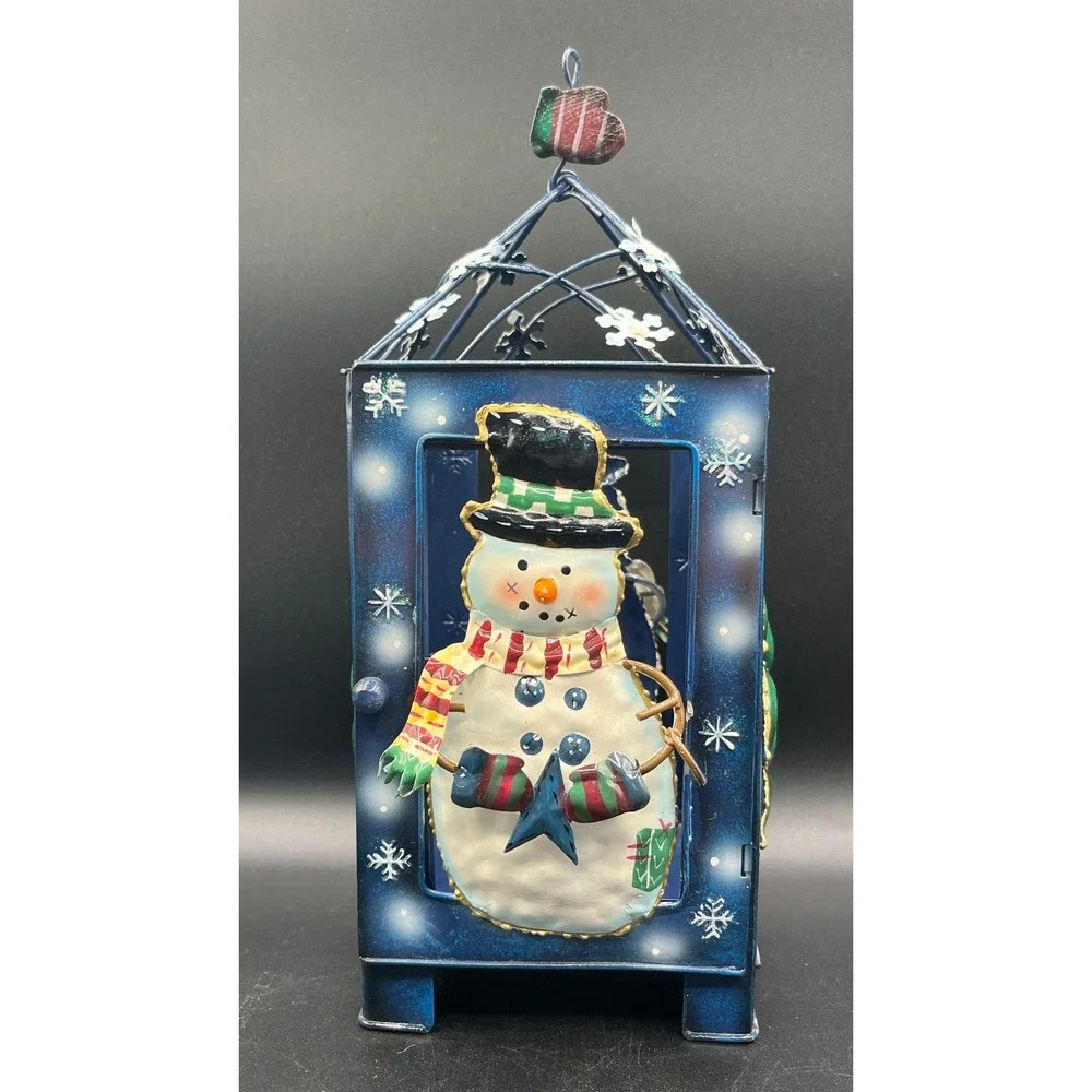 Blue Metal Christmas Lantern Snowman and Tree Holiday Tea Light Holder 11x4.5